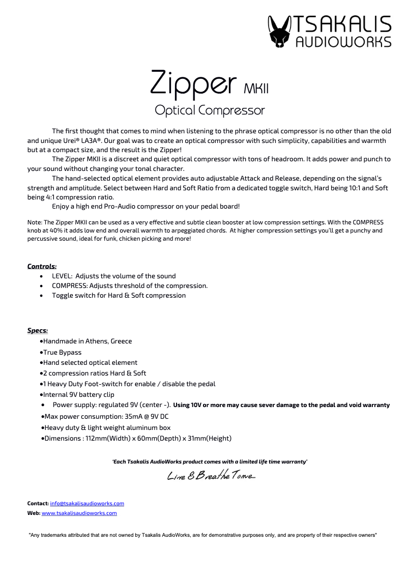 Page n°1 - Manuel utilisateur Tsakalis AudioWorks Zipper MKII