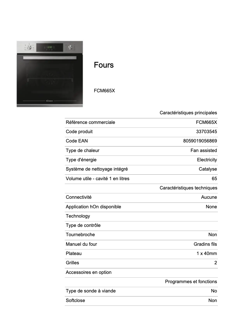 Page 1 de la notice Fiche technique Candy FCM665X
