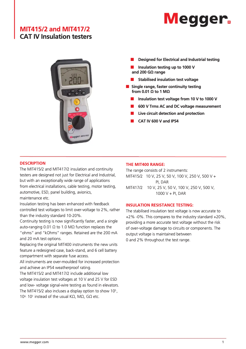 Page 1 de la notice Fiche technique Megger MIT417