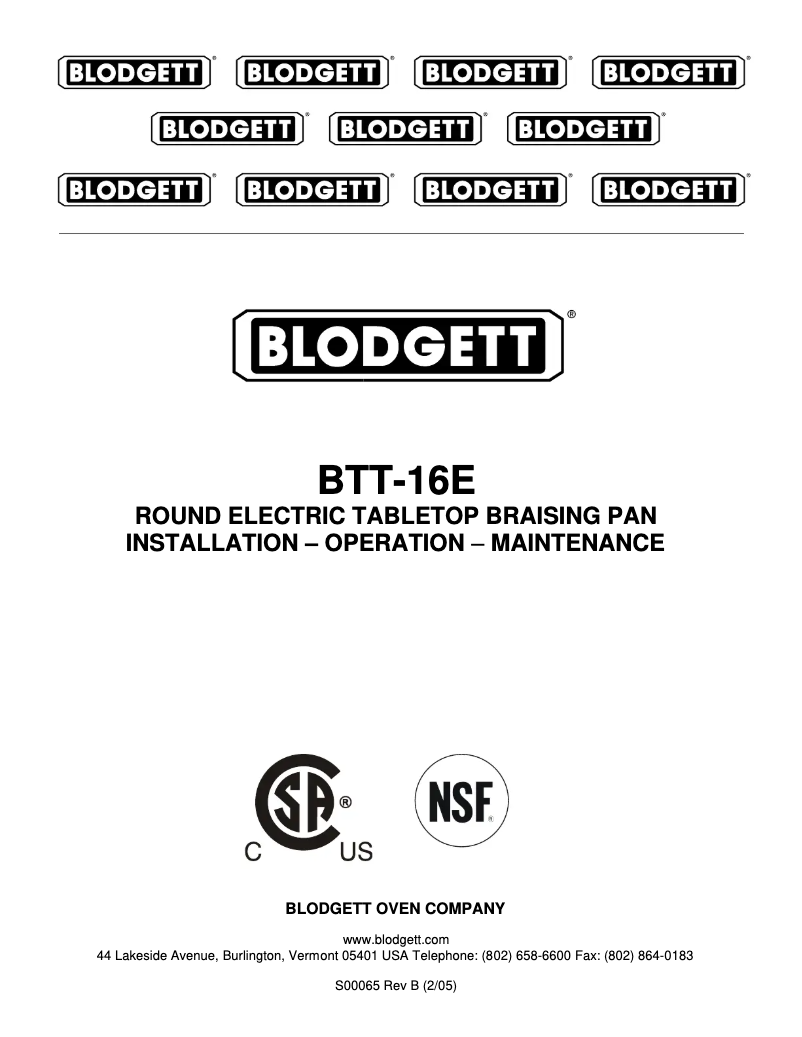 Page 1 de la notice Manuel utilisateur Blodgett BTT-16E