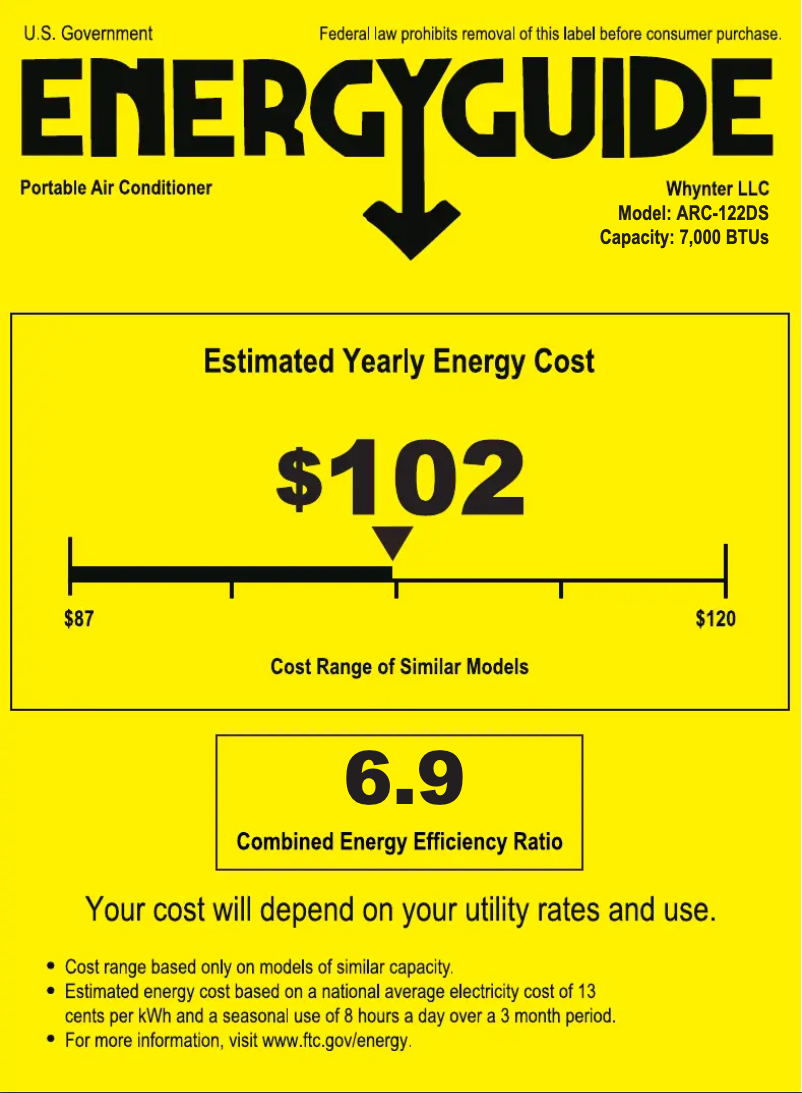 Page 1 de la notice Label énergétique Whynter Elite ARC-122DS