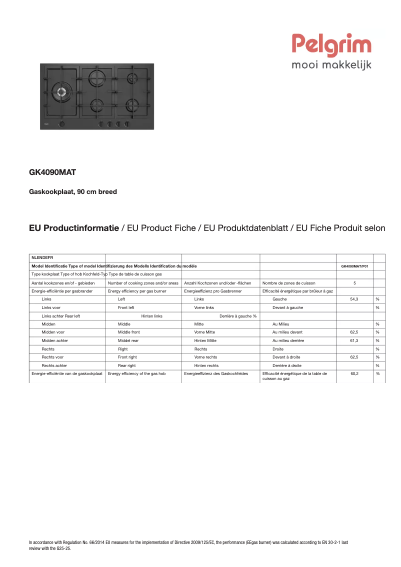 Page 1 de la notice Fiche technique Pelgrim GK4090MAT