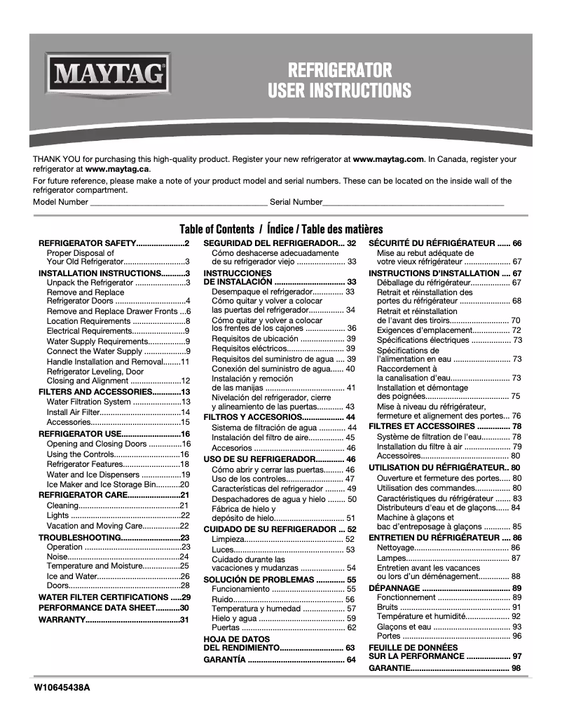 Page n°1 - Manuel d'utilisation et d'entretien Maytag MFX2676FR