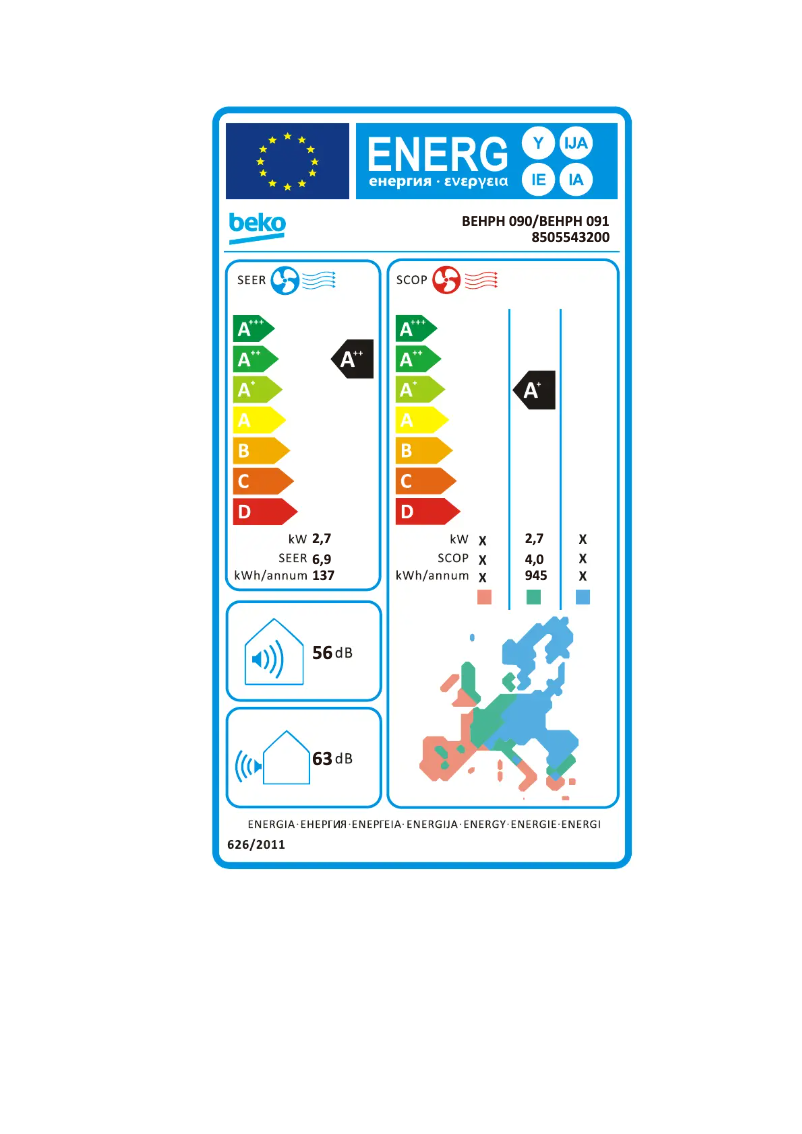Page 1 de la notice Label énergétique Beko BEHPH 090/ BEHPH 091