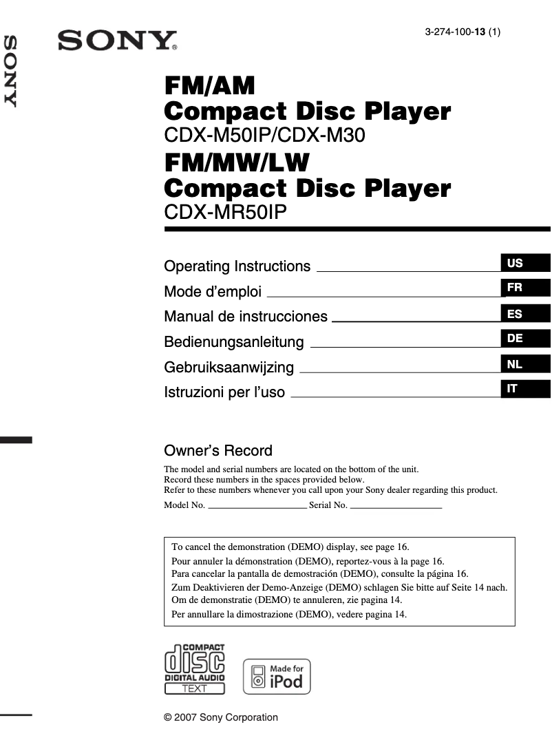 Image de la première page du manuel de l'appareil CDX-MR50IP