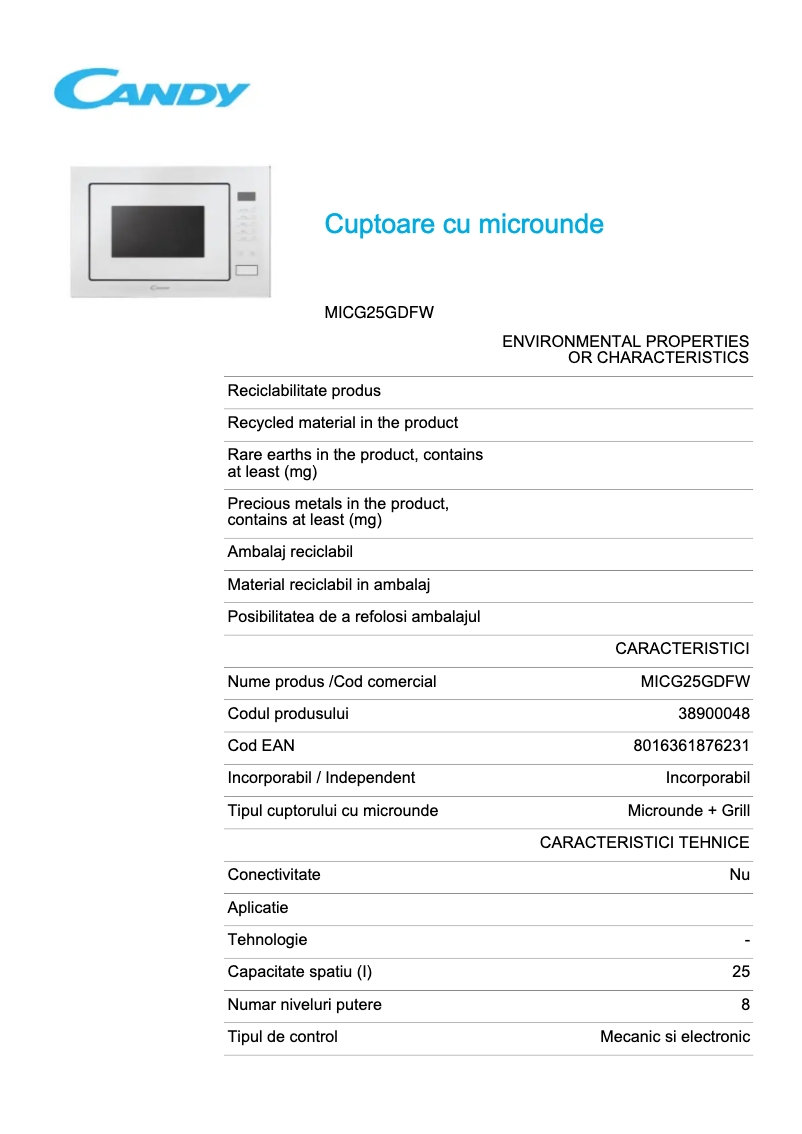 Page 1 de la notice Fiche technique Candy MICG 25G DFW