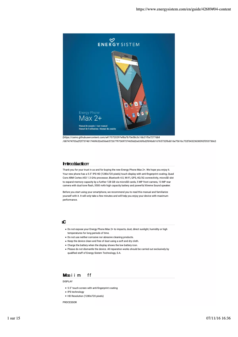 Imagen de la primera página del manual del dispositivo Energy Phone Max 2+