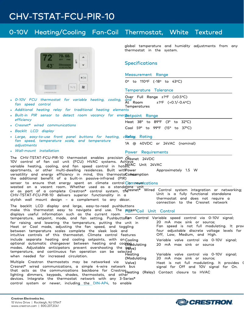 Page 1 de la notice Fiche technique Crestron CHV-TSTAT-FCU-PIR-10