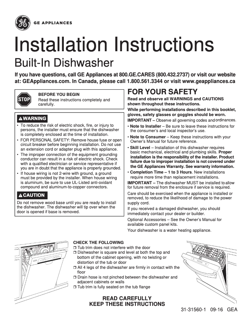 Page 1 de la notice Guide d'installation GE GDT695SGJWW