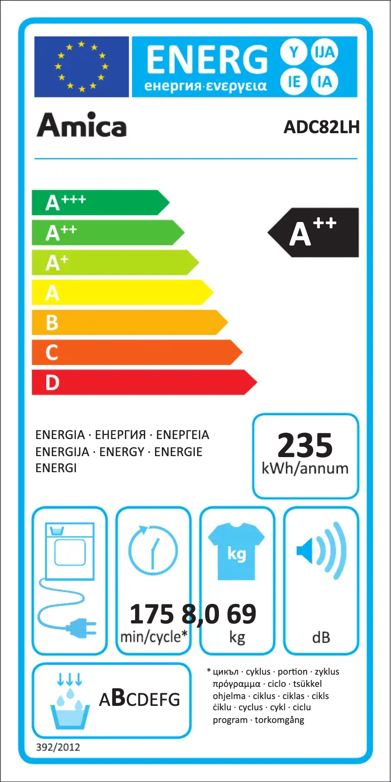 Page 1 de la notice Label énergétique Amica ADC82LH