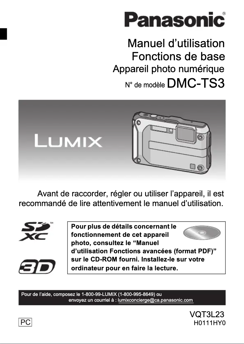 Page 1 de la notice Manuel utilisateur Panasonic Lumix DMC-TS3
