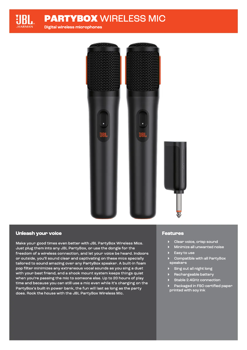 Page 1 de la notice Fiche technique JBL Partybox Wireless Mic