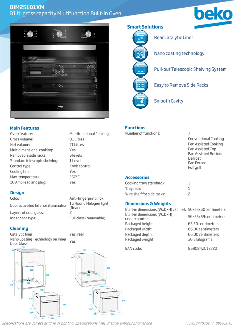 Page 1 de la notice Fiche technique Beko BIM25101XM