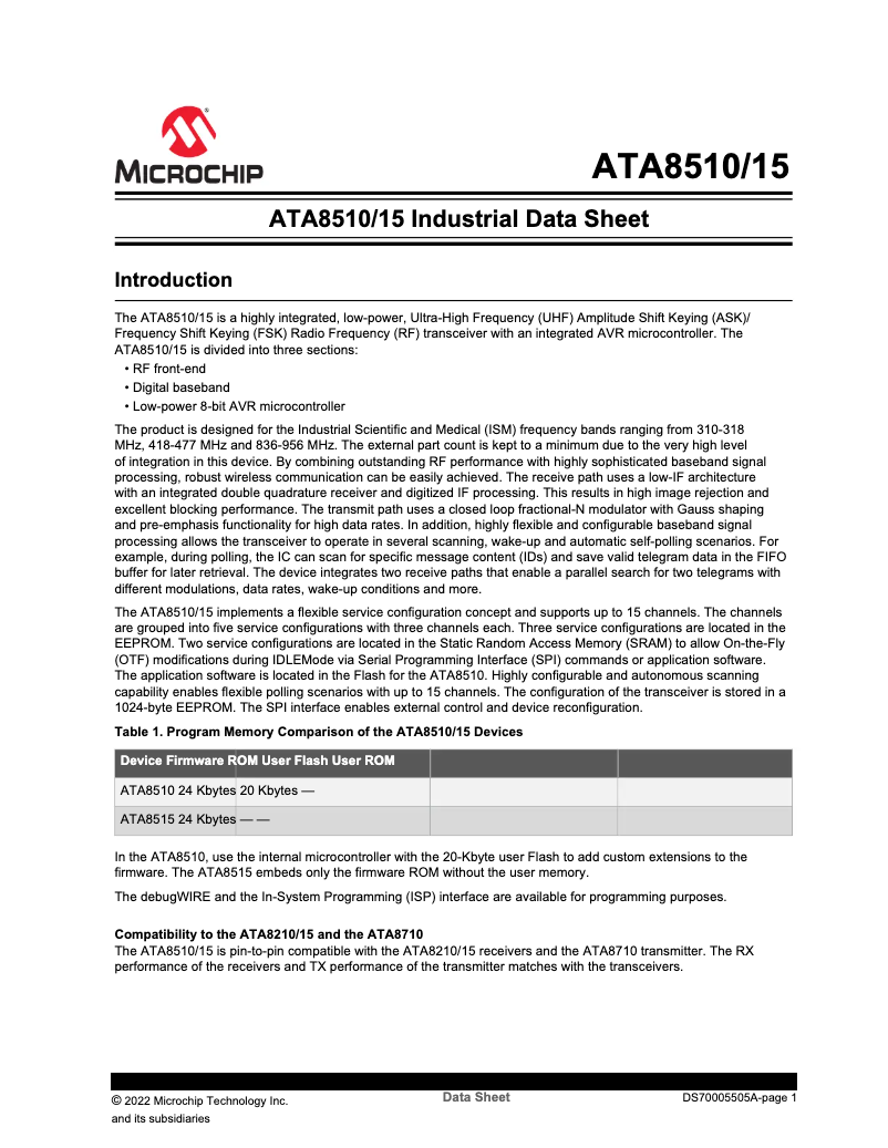 Page 1 de la notice Fiche technique Microchip ATA8515