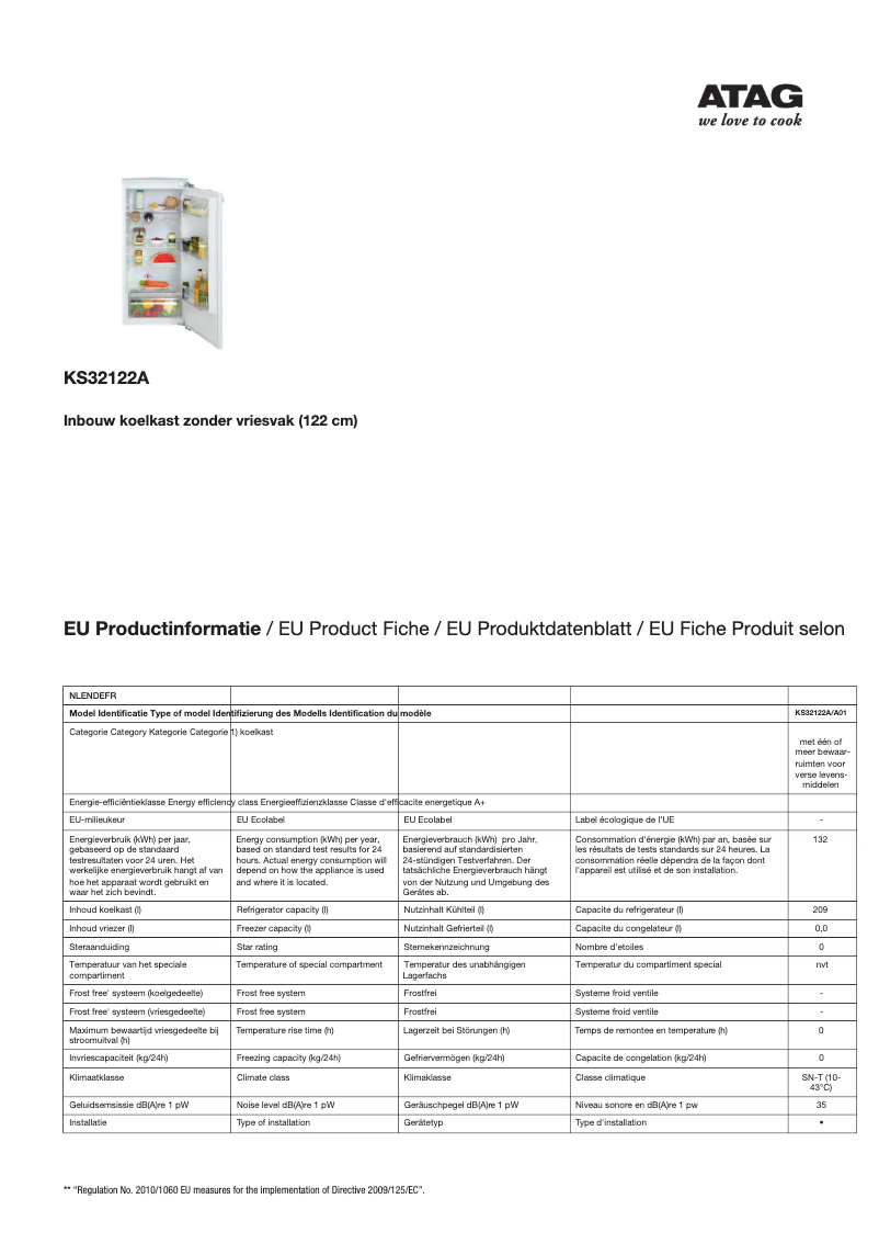 Page 1 de la notice Fiche technique Atag KS32122A