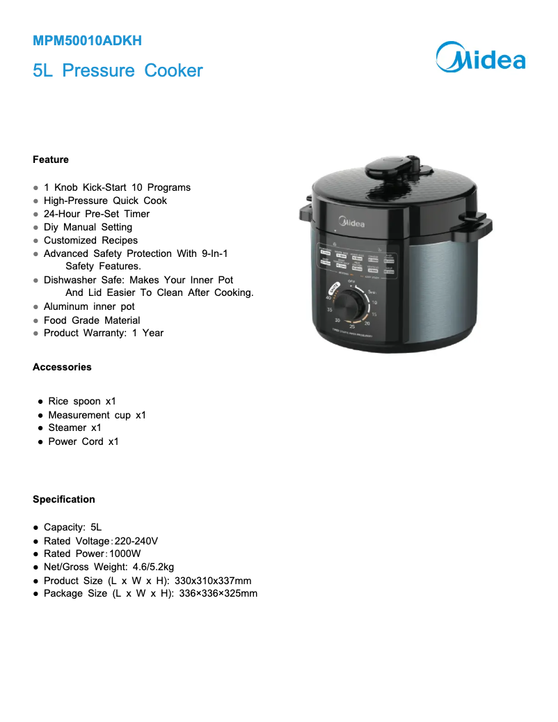 Page 1 de la notice Fiche technique Midea MPM50010ADKH