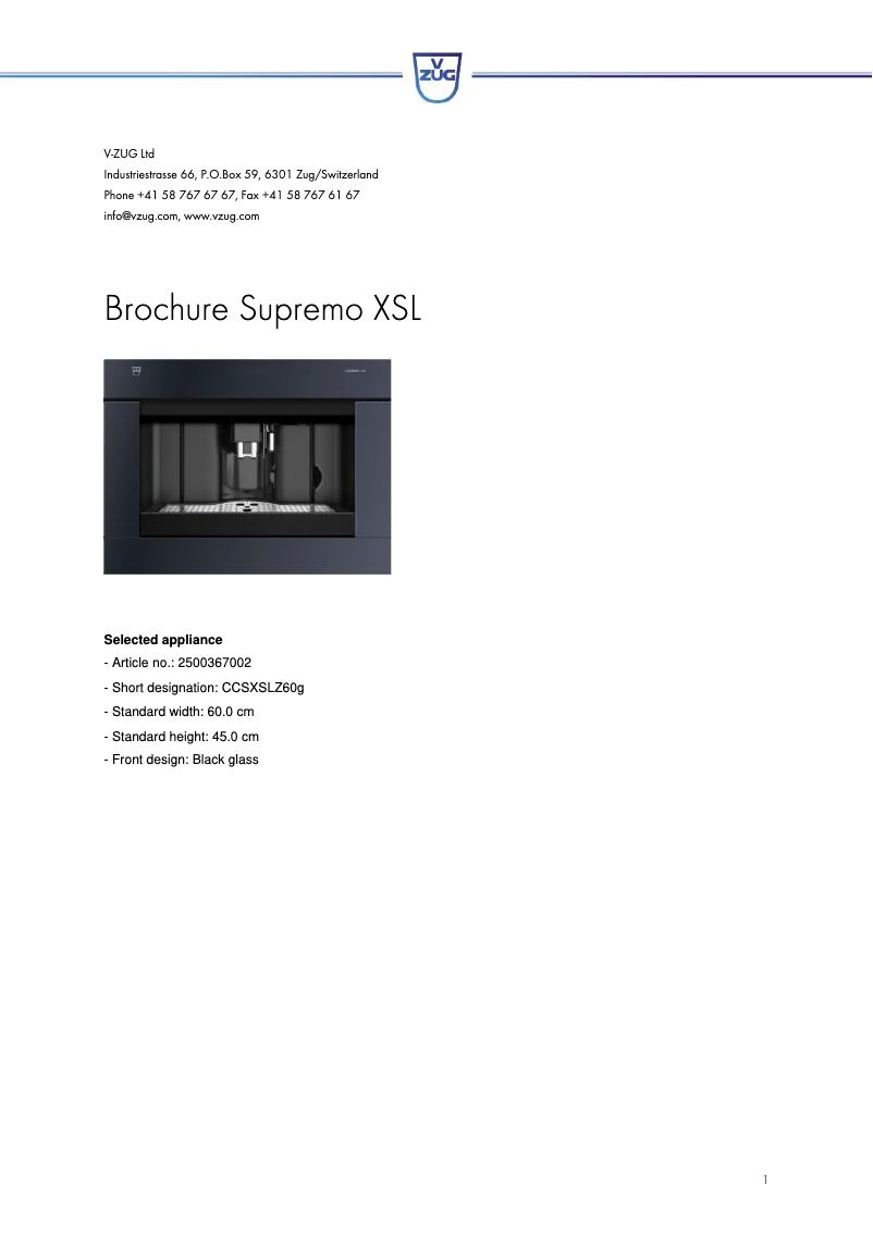Page 1 de la notice Fiche technique V-Zug CCSXSL60