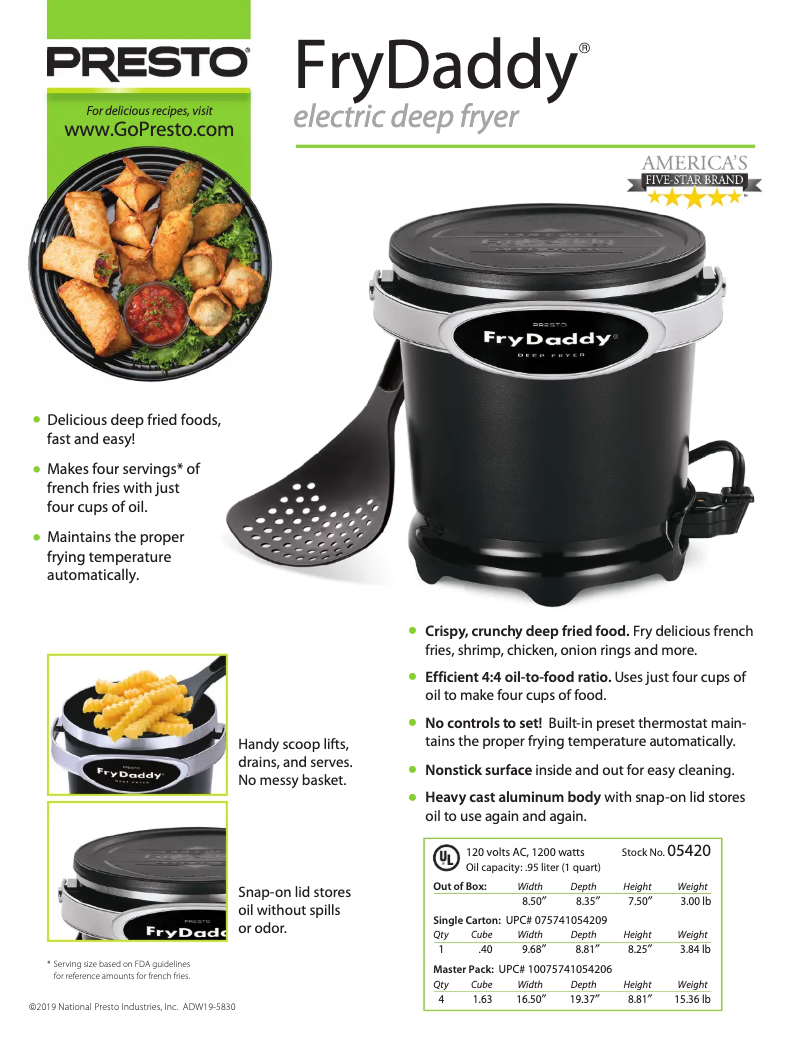 Página 1 del manual Ficha técnica Presto FryDaddy 05420