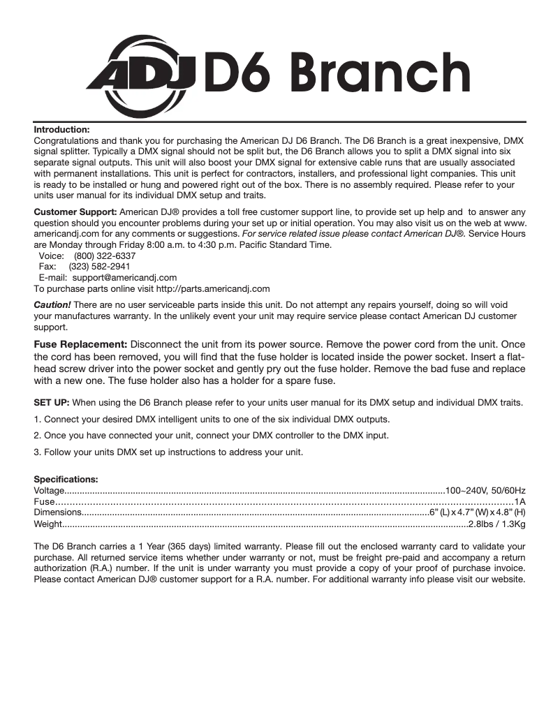 Page 1 de la notice Manuel utilisateur Adj D6 Branch