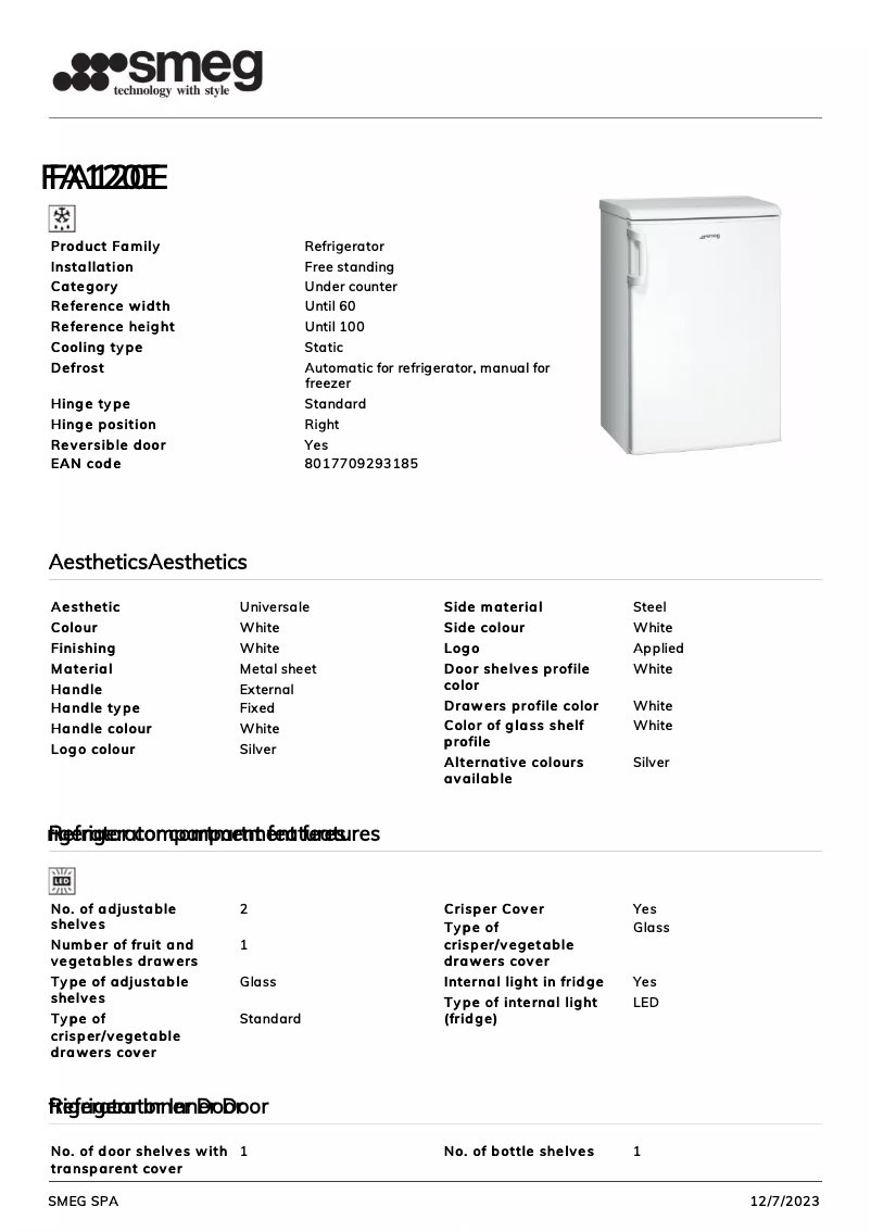 Page 1 de la notice Fiche technique Smeg FA120E