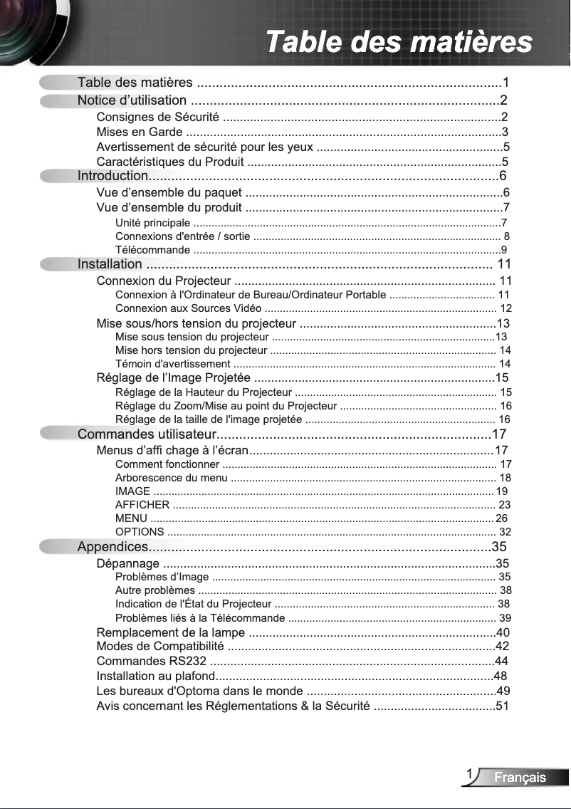 Page 1 de la notice Manuel utilisateur Optoma EX521