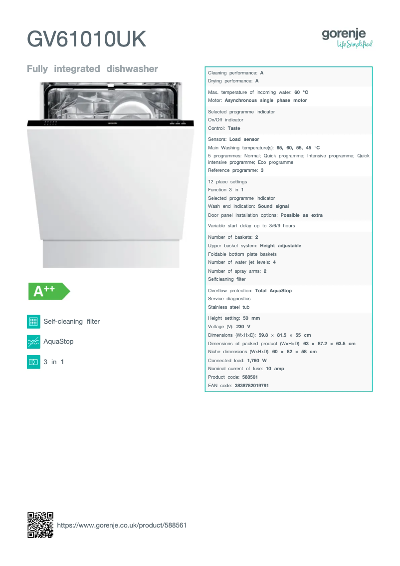 Page n°1 - Manuel utilisateur Gorenje GV61010UK