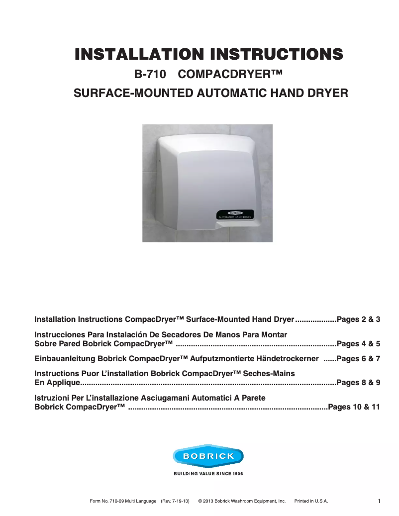 Page 1 de la notice Manuel utilisateur Bobrick CompacDryer B-710