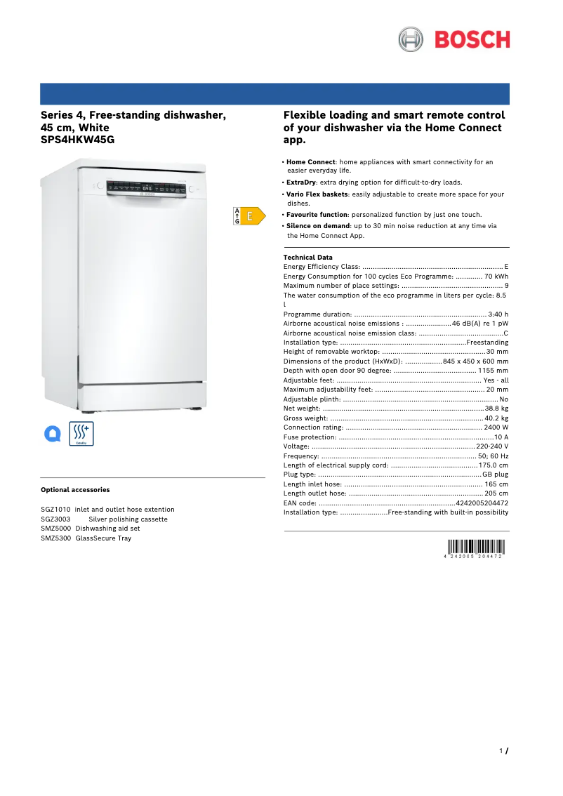 Page n°1 - Fiche technique Bosch SPS4HKW45G