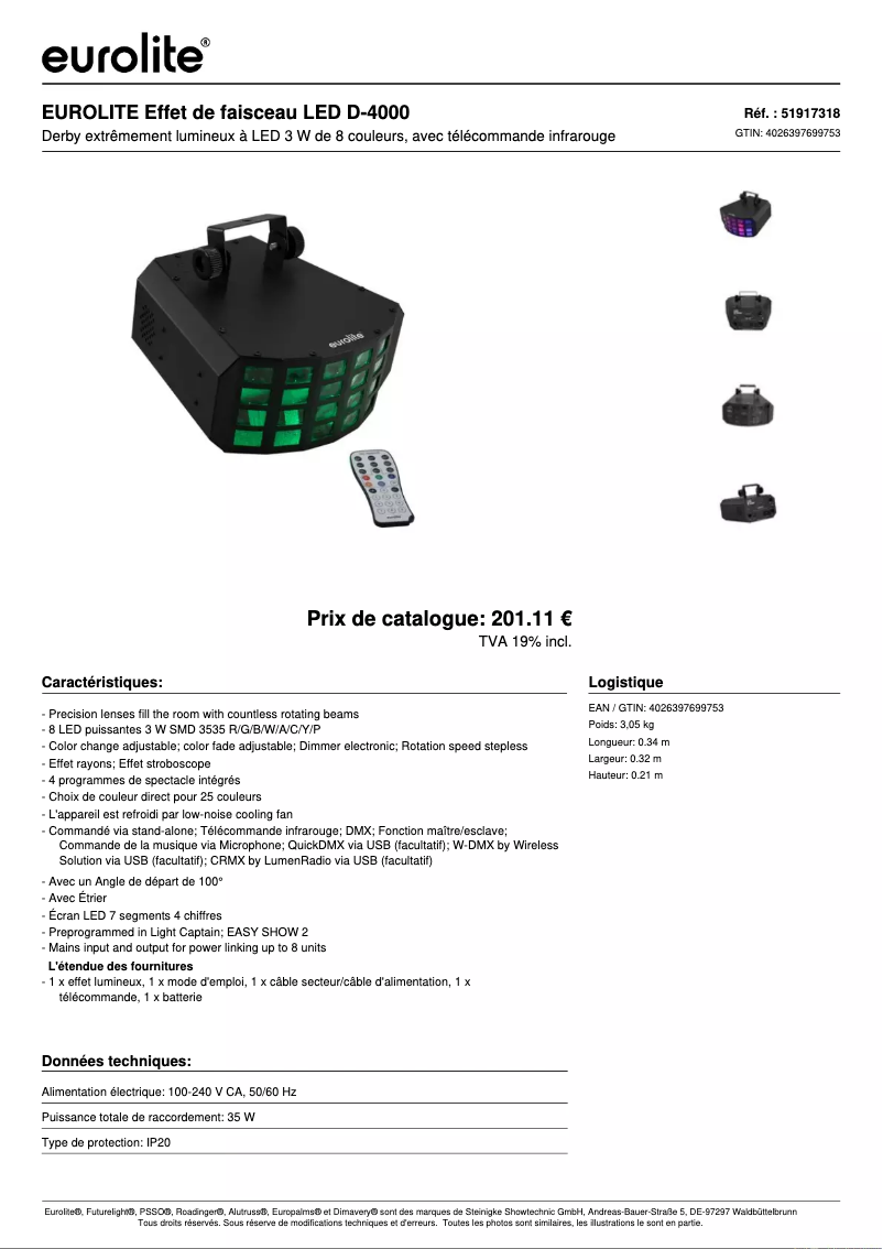 Page 1 of the manual Technical Sheet Eurolite LED D-4000