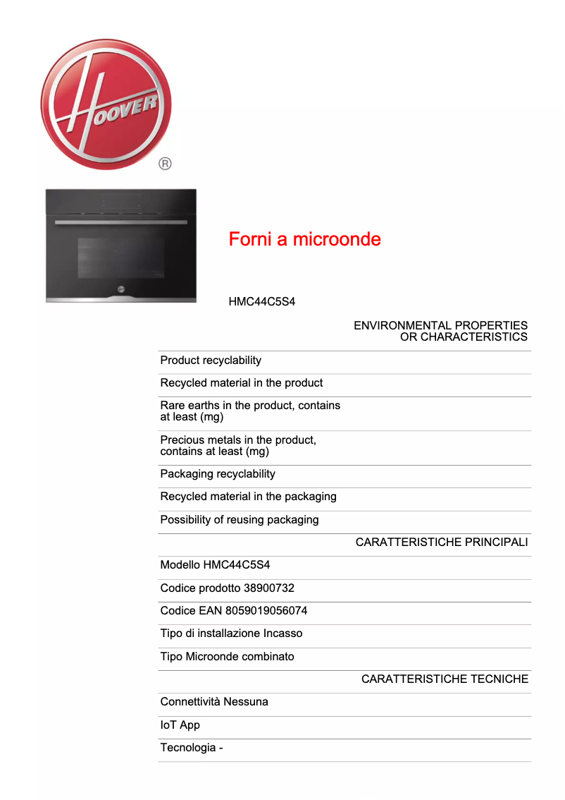 Page n°1 - Fiche technique Hoover HMC44C5S4