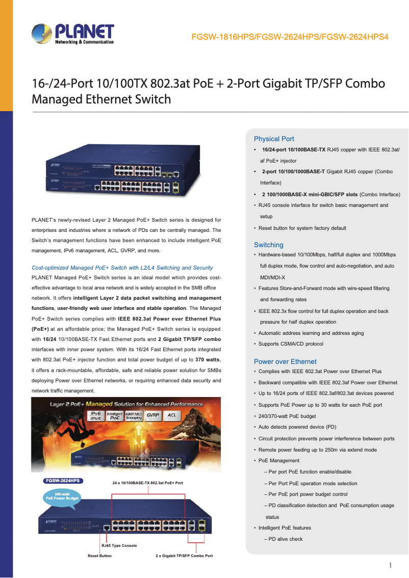 Page 1 de la notice Fiche technique Planet FGSW-1816HPS
