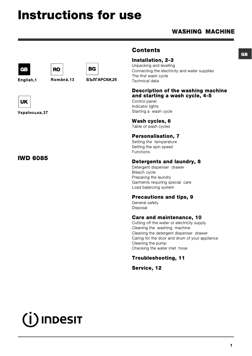 Page n°1 - Manuel utilisateur Indesit IWD 6085