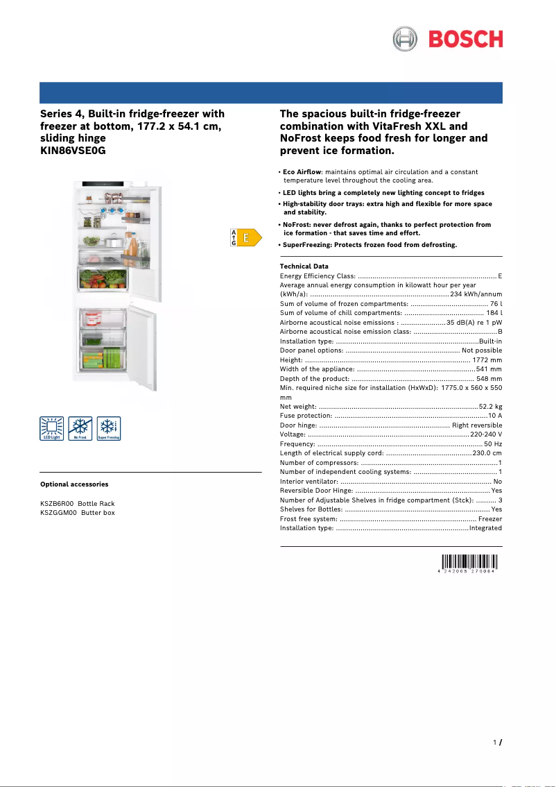Page 1 de la notice Fiche technique Bosch Serie 4 KIN86VSE0G