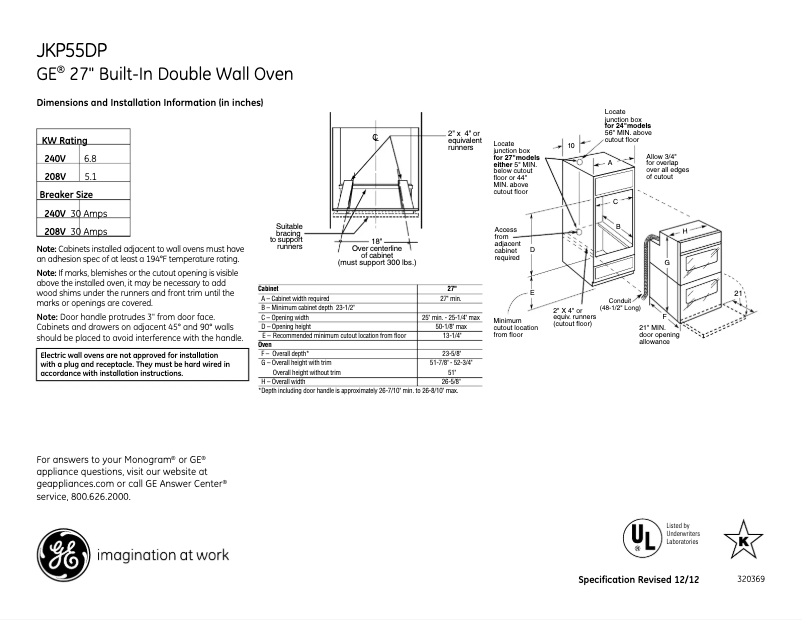 Page n°1 - Fiche technique GE JKP55DPBB