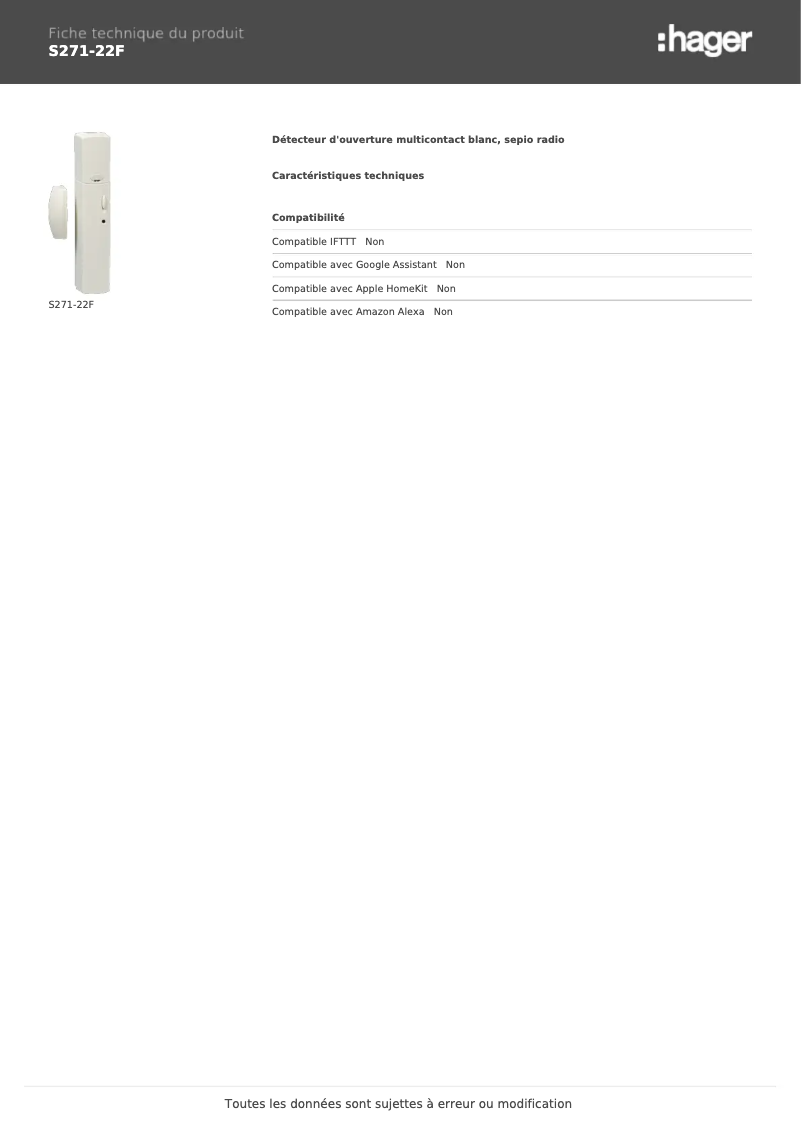 Page 1 de la notice Fiche technique Hager S271-22F