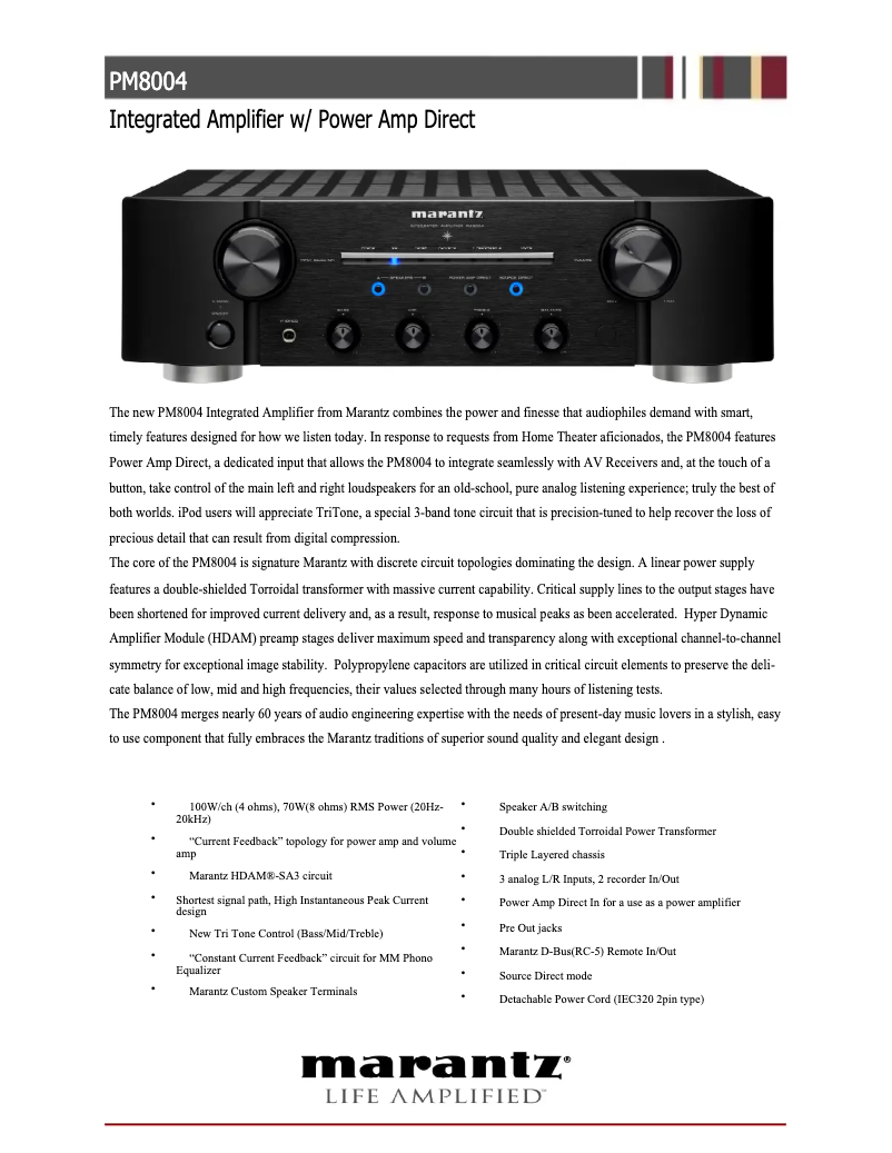 Page 1 de la notice Fiche technique Marantz PM8004