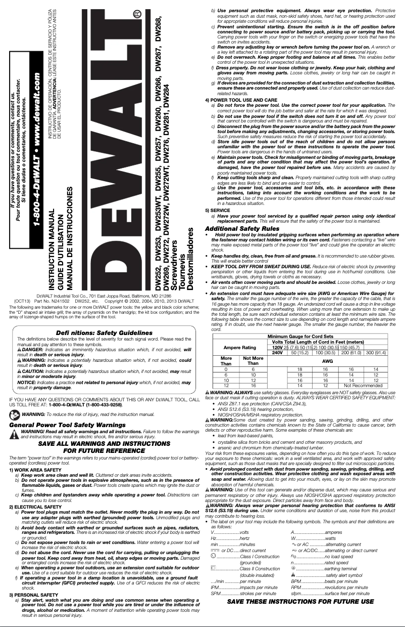 Page 1 de la notice Manuel utilisateur DeWalt DW284