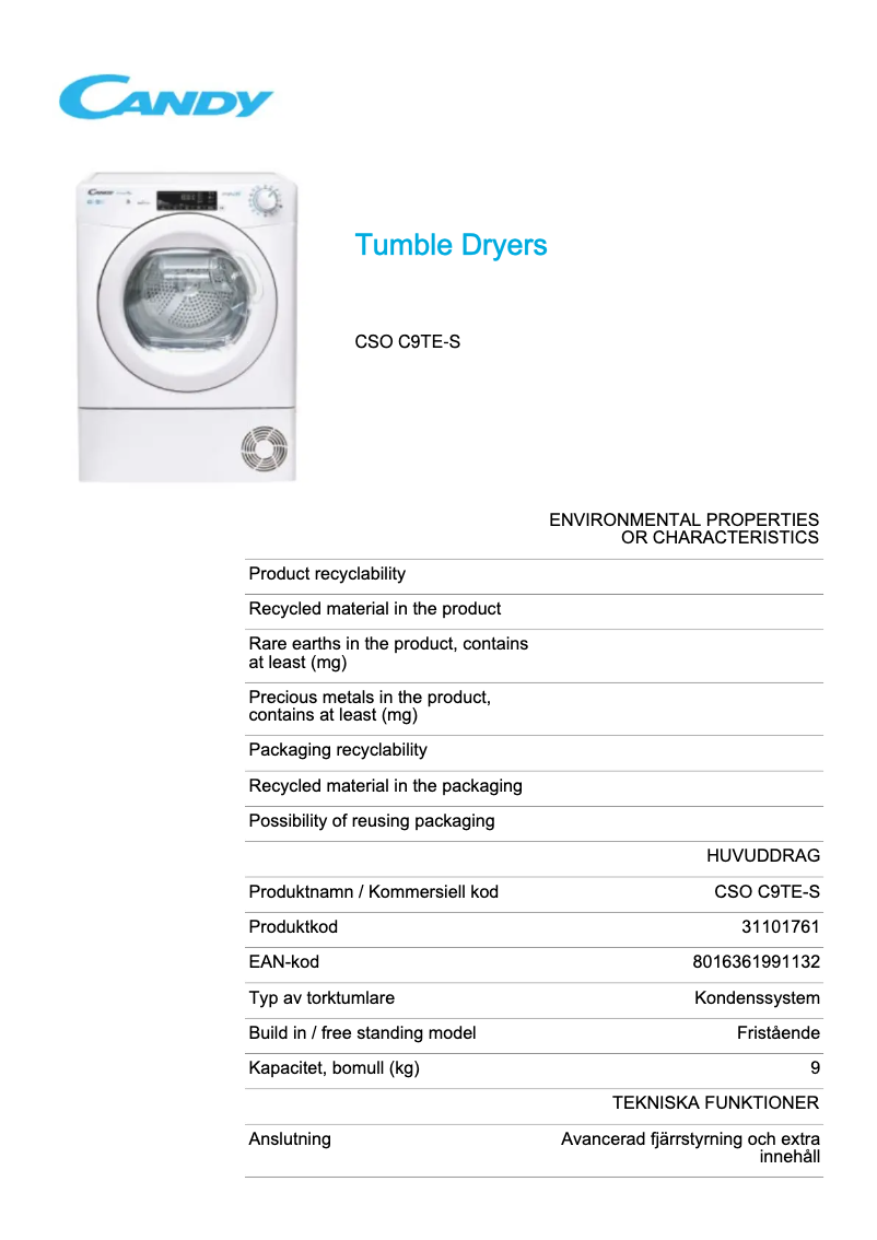 Page n°1 - Fiche technique Candy CSO C9TE-S