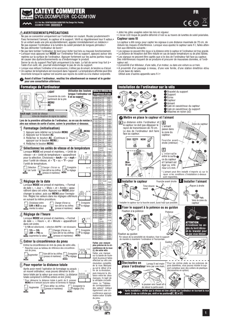 Page 1 de la notice Manuel utilisateur Cateye CC-COM10W Commuter