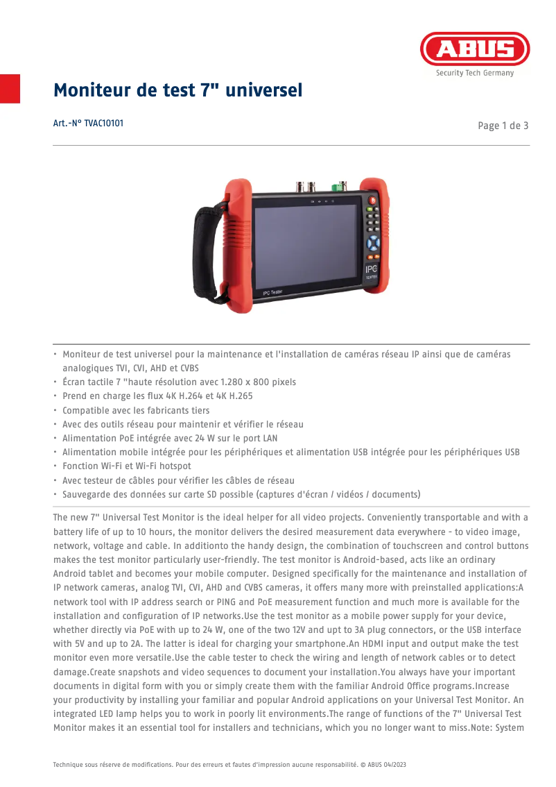 Page n°1 - Fiche technique Abus TVAC10101