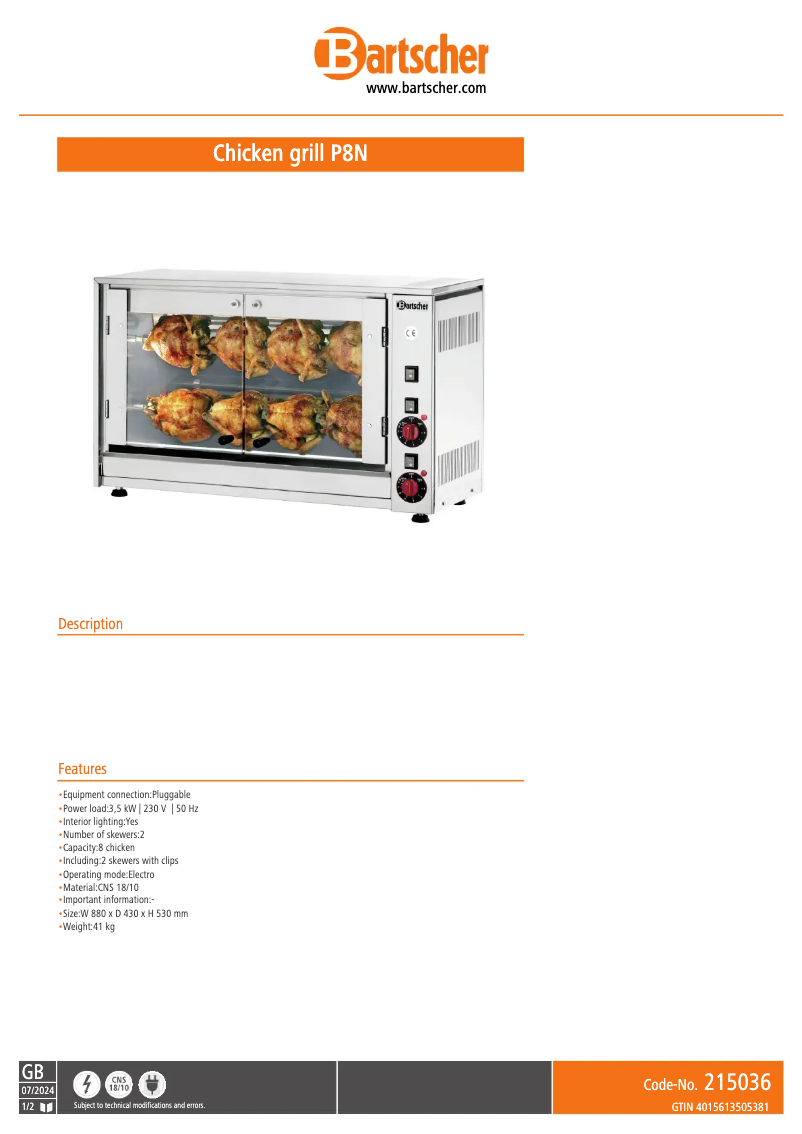 Page 1 de la notice Fiche technique Bartscher E-8P-S2