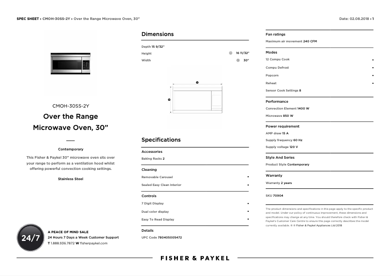 Page 1 de la notice Fiche technique Fisher & Paykel CMOH-30SS-2Y