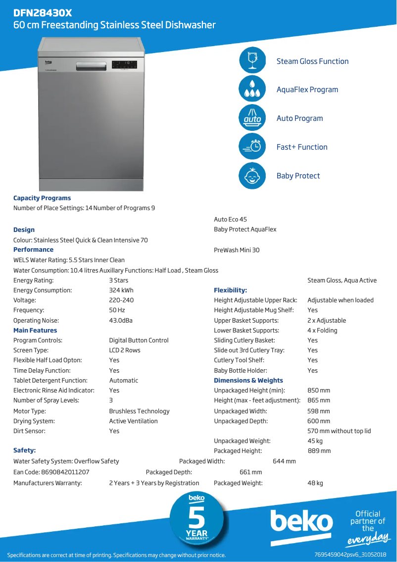 Page 1 de la notice Fiche technique Beko DFN28430X