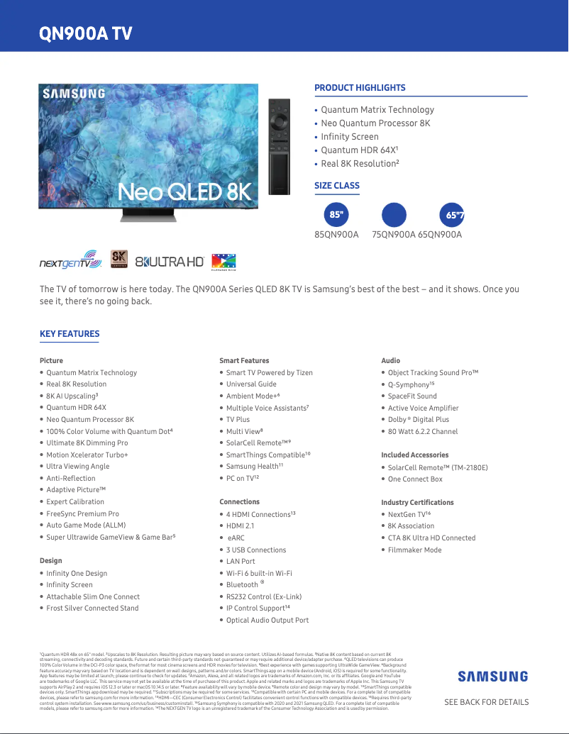 Page 1 de la notice Fiche technique Samsung QN65QN900A