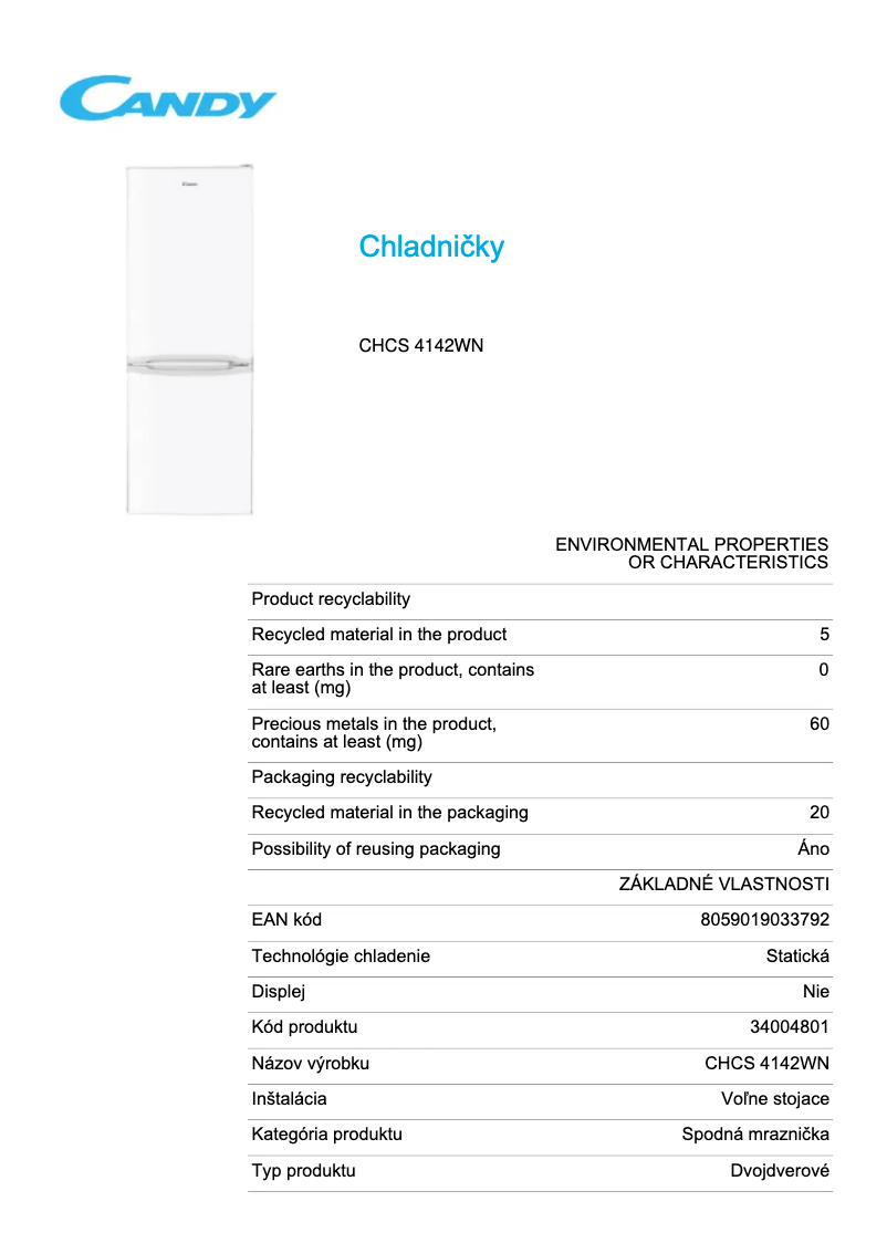 Page 1 de la notice Fiche technique Candy CHCS 4142WN