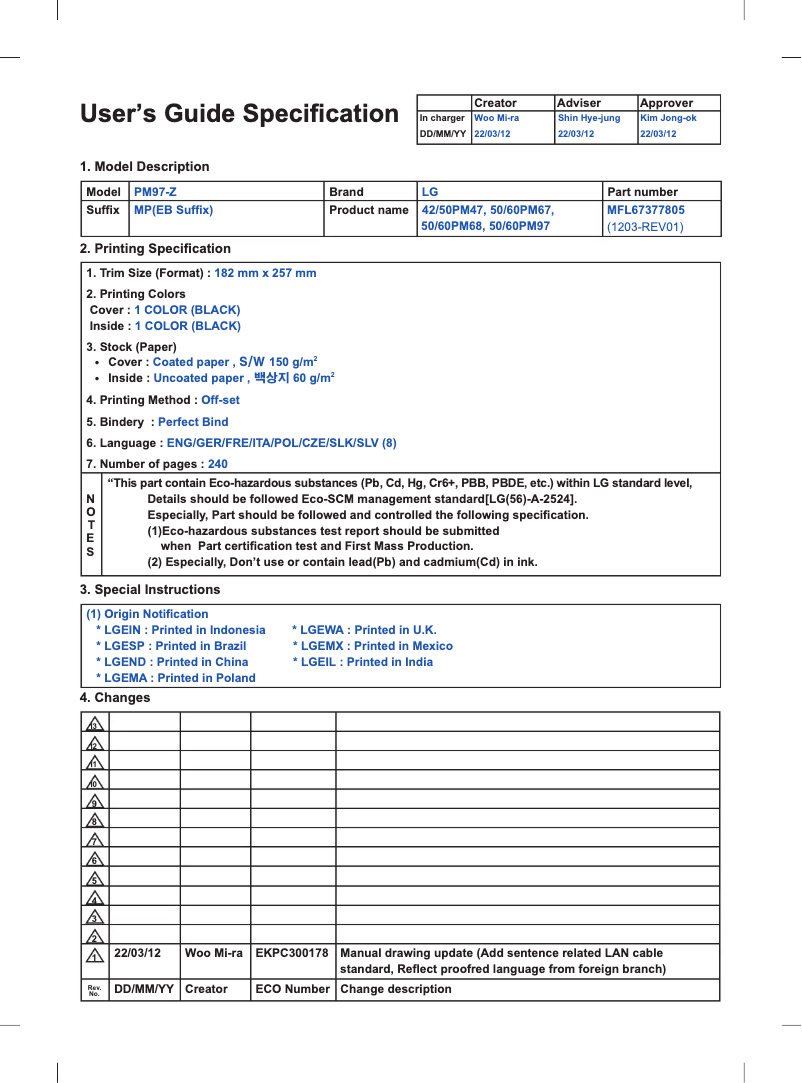 Page 1 de la notice Manuel utilisateur LG 50PM680S