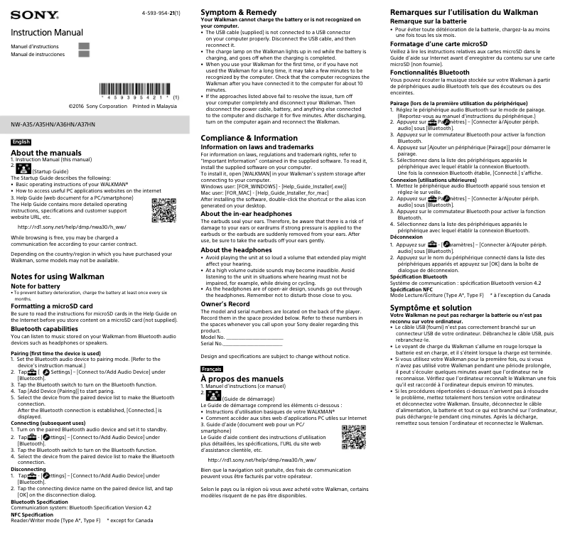 Page 1 de la notice Manuel utilisateur Sony NW-A35HN