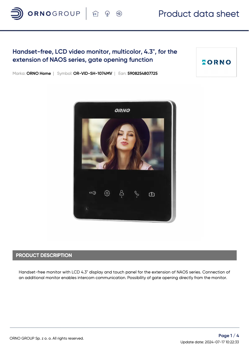 Page 1 de la notice Fiche technique Vibell OR-VID-SH-1074MV