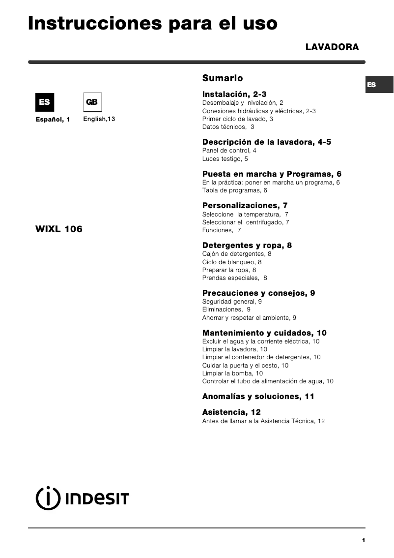 Imagen de la primera página del manual del dispositivo WIXL 106 (EU)