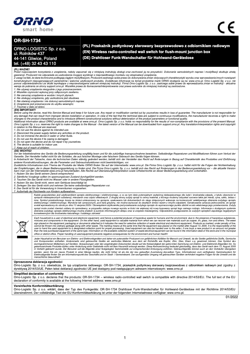 Page 1 de la notice Manuel utilisateur ORNO OR-SH-1734
